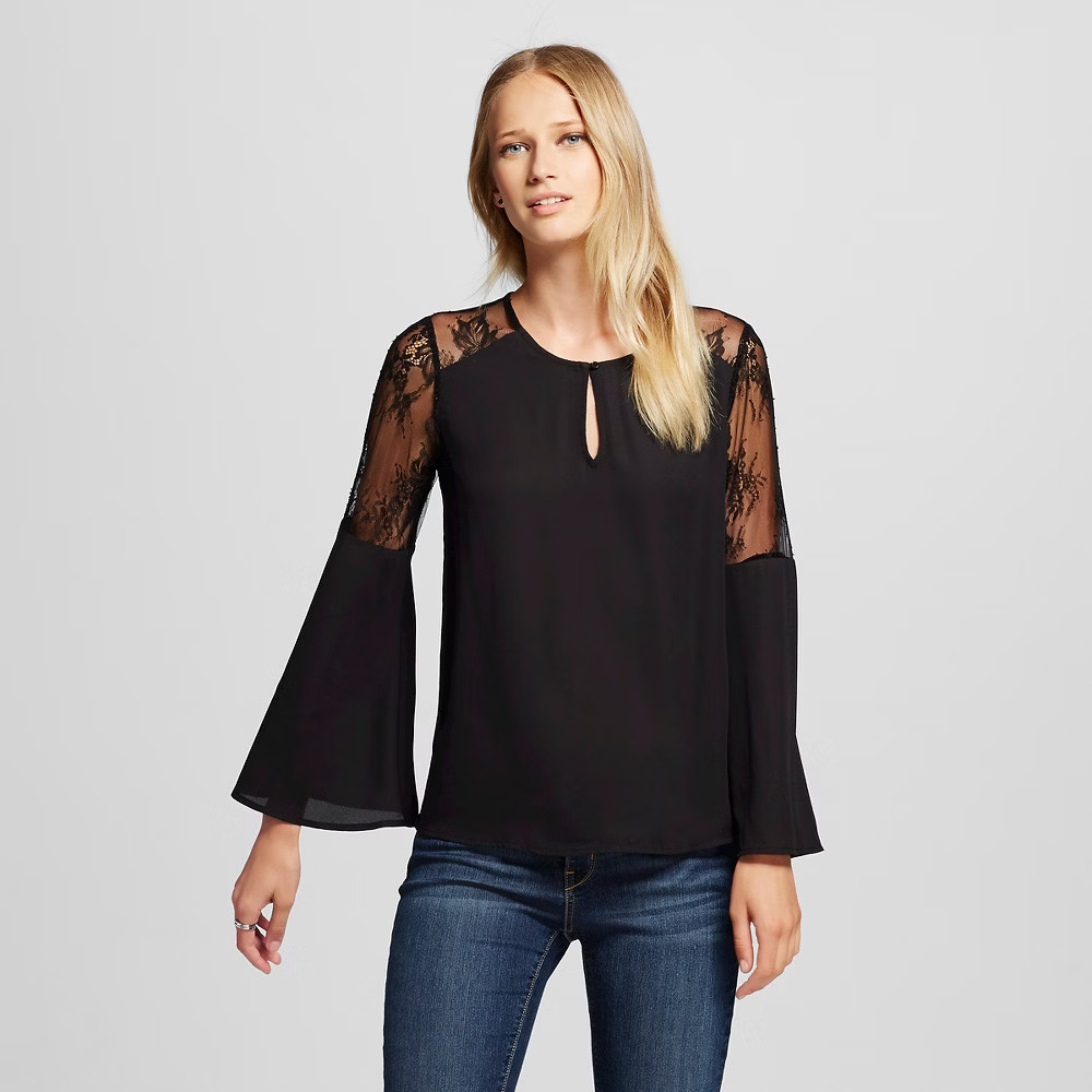 Women's Bell Sleeve Blouse with Lace Trim - Éclair Black S | Target