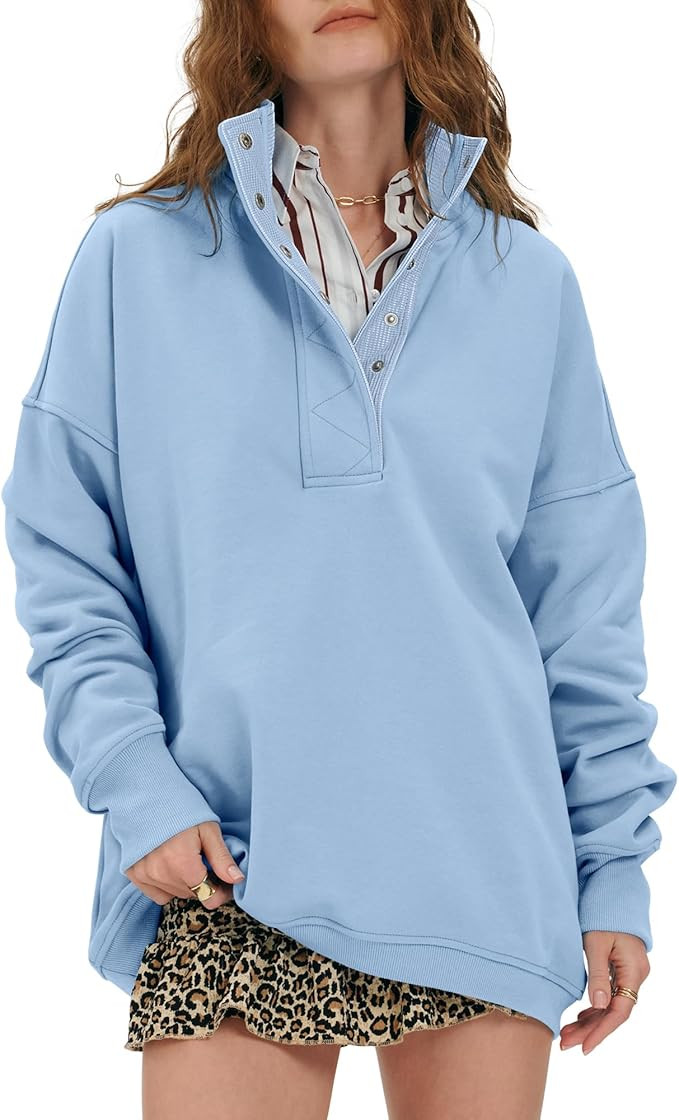 Locachy Womens Casual Button Henley Neck Cotton Oversized Sweatshirt Long Sleeve Pullover Tops Ou... | Amazon (US)