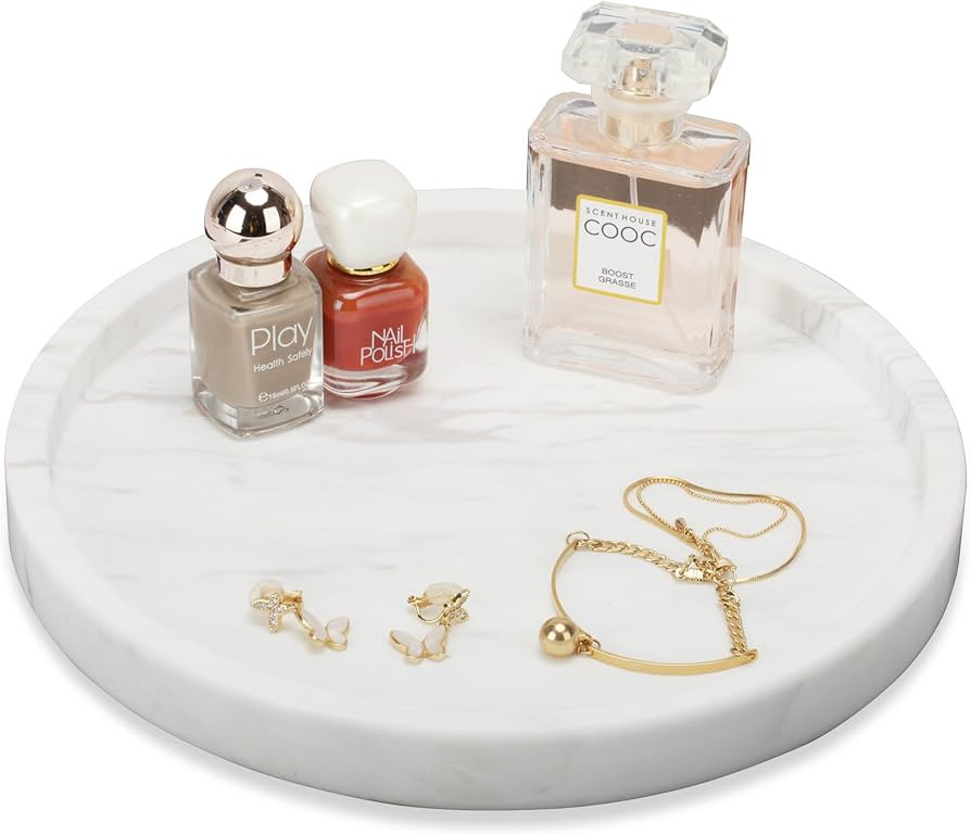 WORHE Natural Marble Decorative Tray, Bathroom Bedroom Kitchen Dresser, Round Vanity Tray for Per... | Amazon (US)
