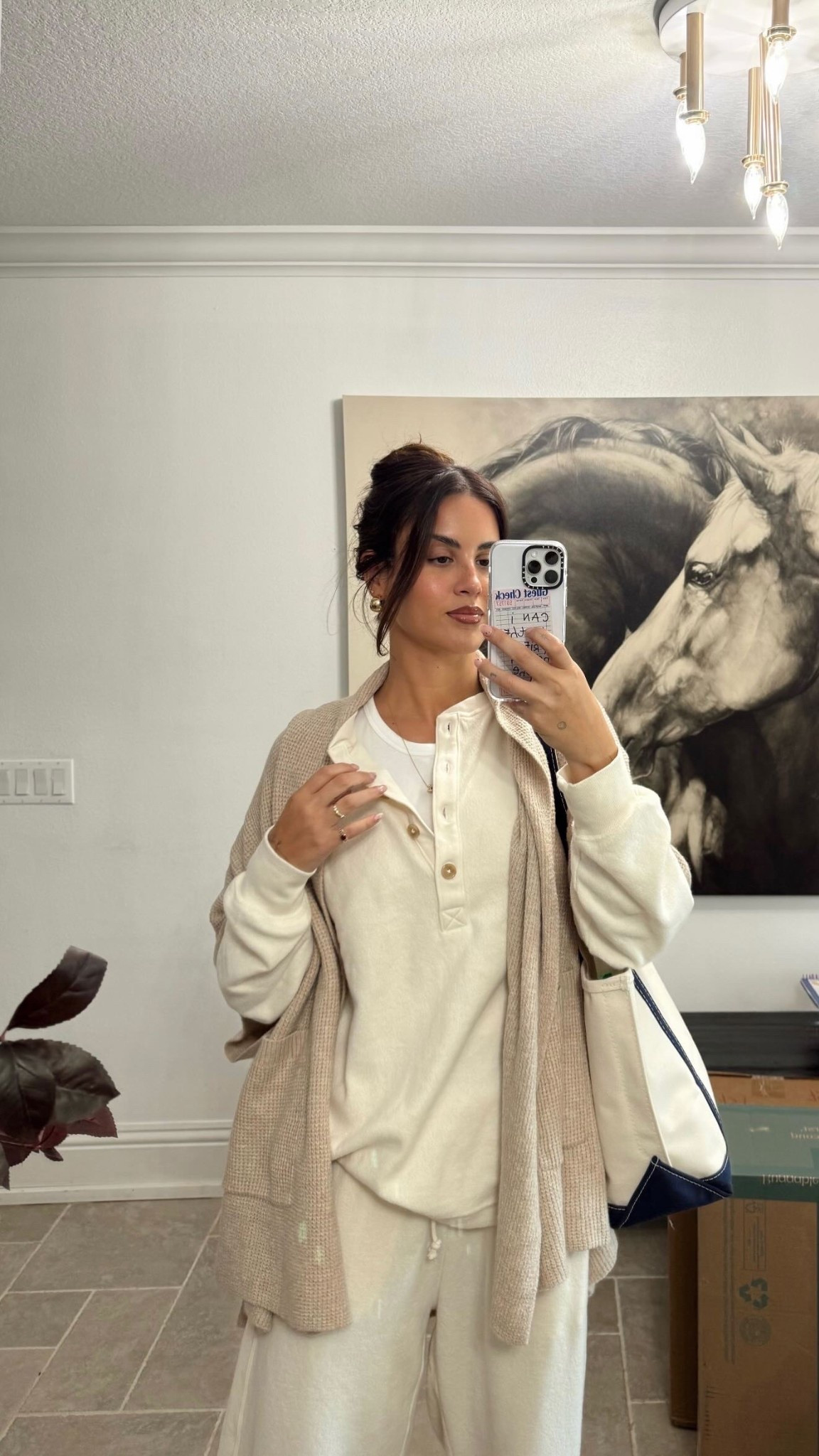 Medium in everything but I wished I sized up in the pants just for length — I’m 5’9 and  they just skim the floor 