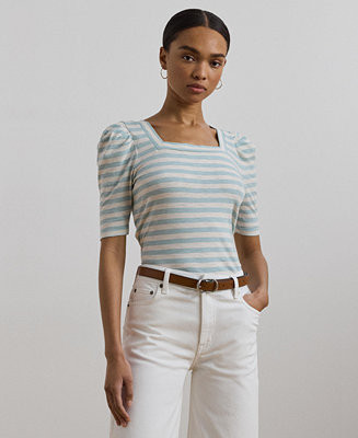 Women's Striped Cotton Jersey Puff-Sleeve Tee | Macy's