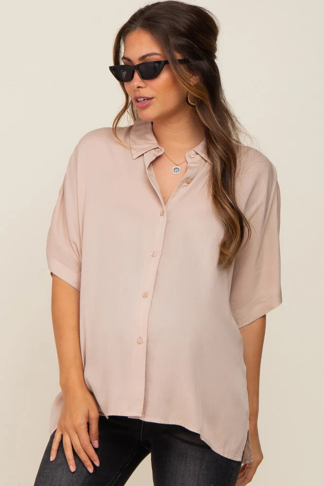 Taupe Button Up Dolman Short Sleeve Maternity Top | PinkBlush Maternity