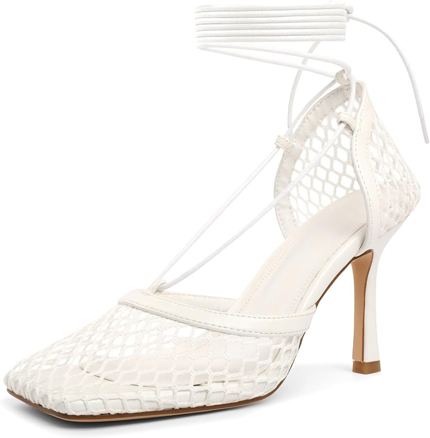 SAMMITOP Women's Square Toe Mesh Lace Up Strappy Sexy Heels Sandals Stiletto High Heel Closed Toe... | Amazon (US)