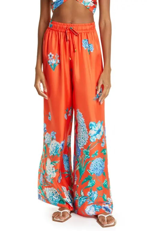 Cara Cara Adele Floral Border Silk Twill Palazzo Pants in Cherry Bouquet at Nordstrom, Size Large | Nordstrom