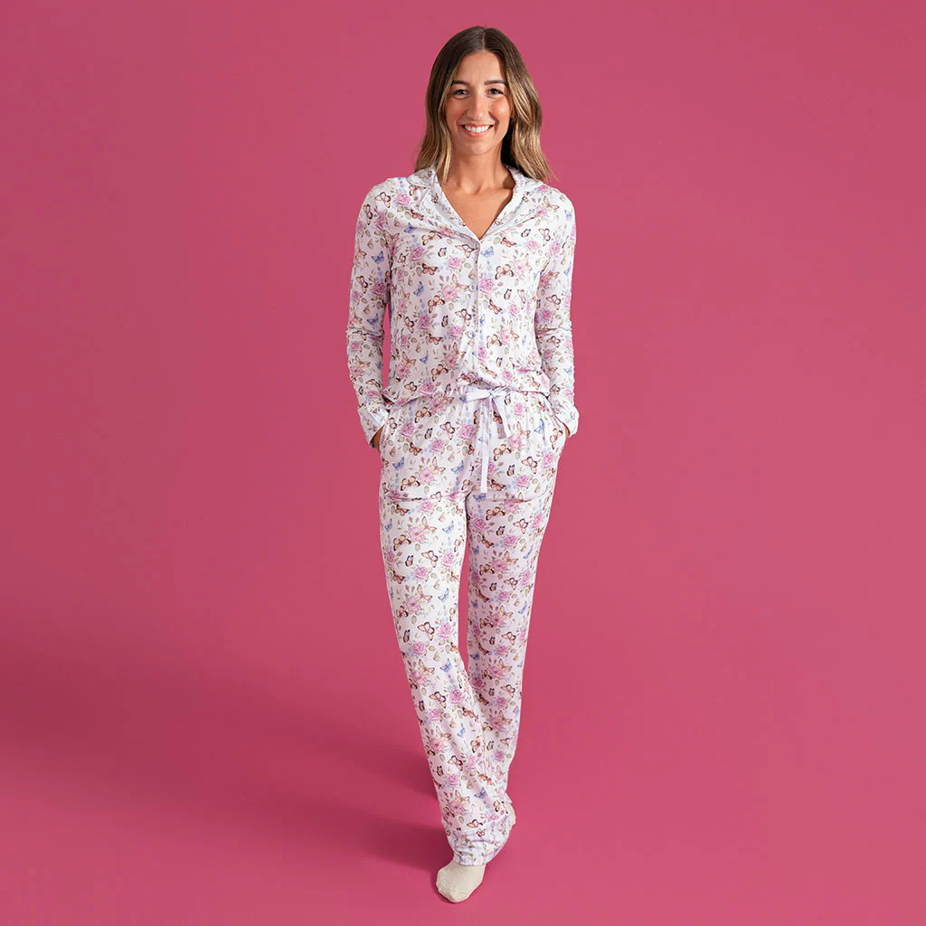 Butterfly Floral Beige Luxe Womens Pajamas | Mariselle | Posh Peanut