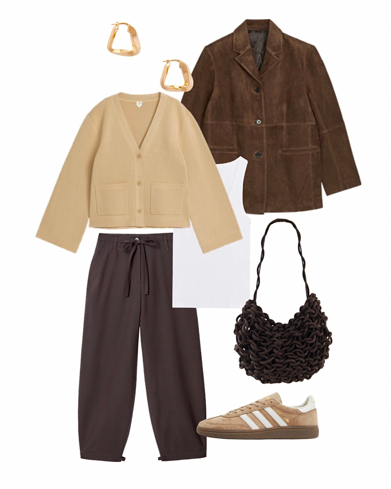 Suede blazer - brown suede jacket - Arket - adidas Spezial trainers - brown trousers - cos cargo pants - butter yellow cardigan - spring outfit - bottega triangle hoop earrings - trending trainers - white tank top - wardrobe basics 

#LTKshoes #LTKspring #LTKuk