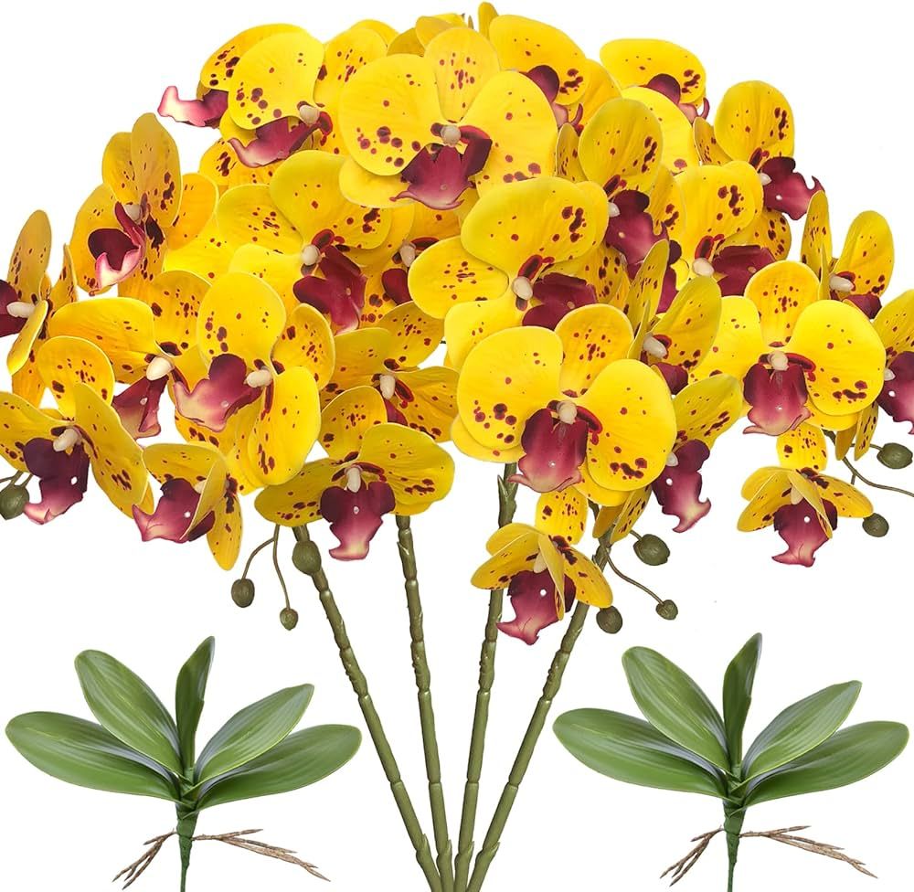 FagusHome 32" Artificial Phalaenopsis Flowers 4 Pcs with 2 Bundles Leaves Artificial Orchid Flowe... | Amazon (US)