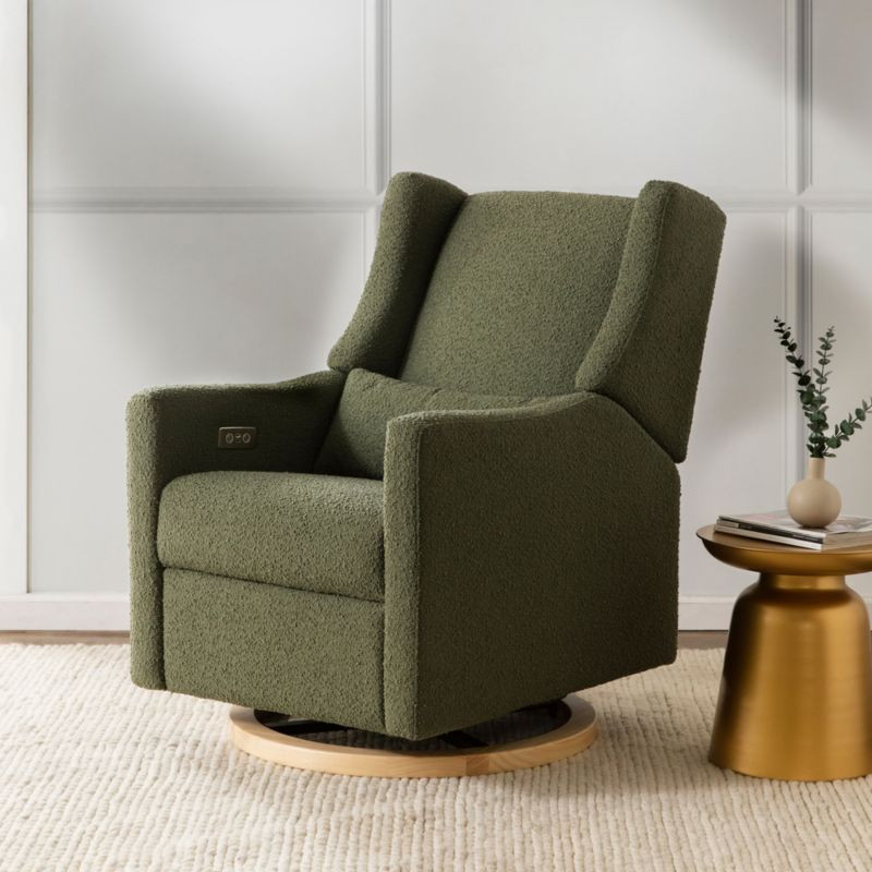 Babyletto Kiwi Olive Green Boucle Nursery Power Glider Recliner Chair with Light Wood Base | Crate & Barrel