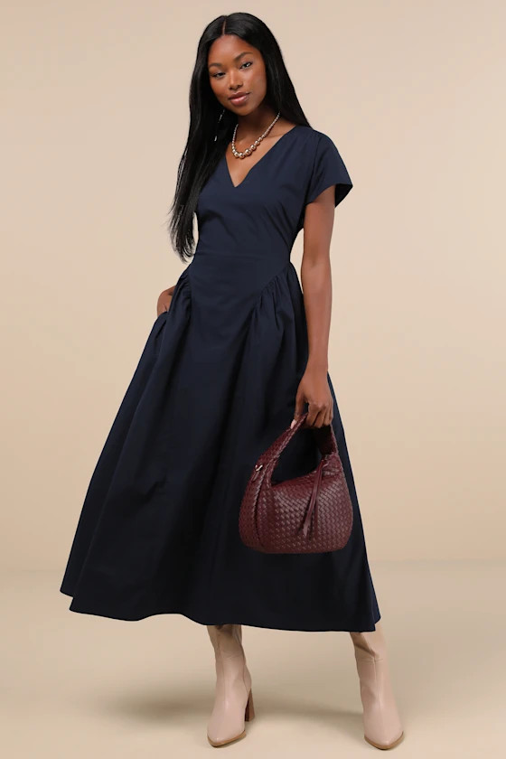 Modern Concept Navy Short Sleeve V-Neck Midi Dress With Pockets | Lulus