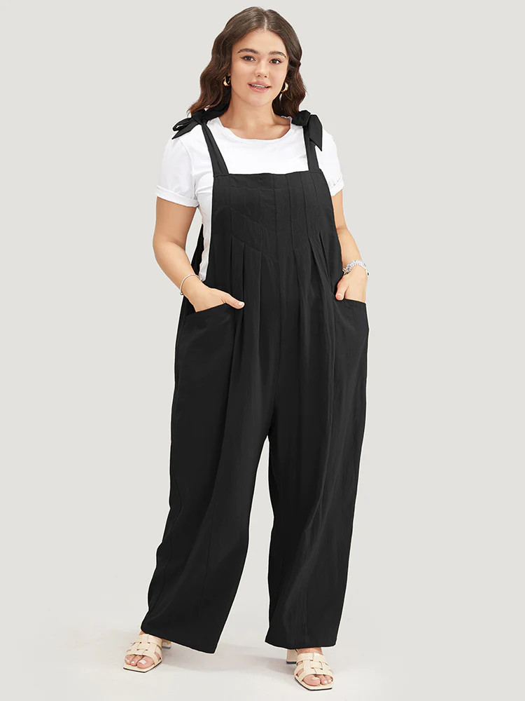Solid Pleated Detail Pocket Knotted Shoulder Overall Jumpsuit | Bloomchic