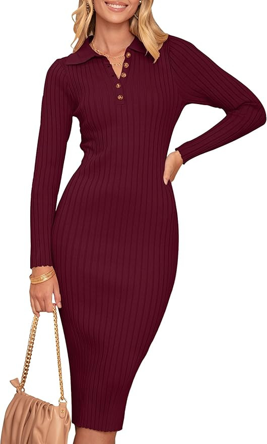 MEROKEETY Womens 2024 V Neck Ribbed Sweater Dress Long Sleeve Bodycon Knit Midi Dresses | Amazon (US)