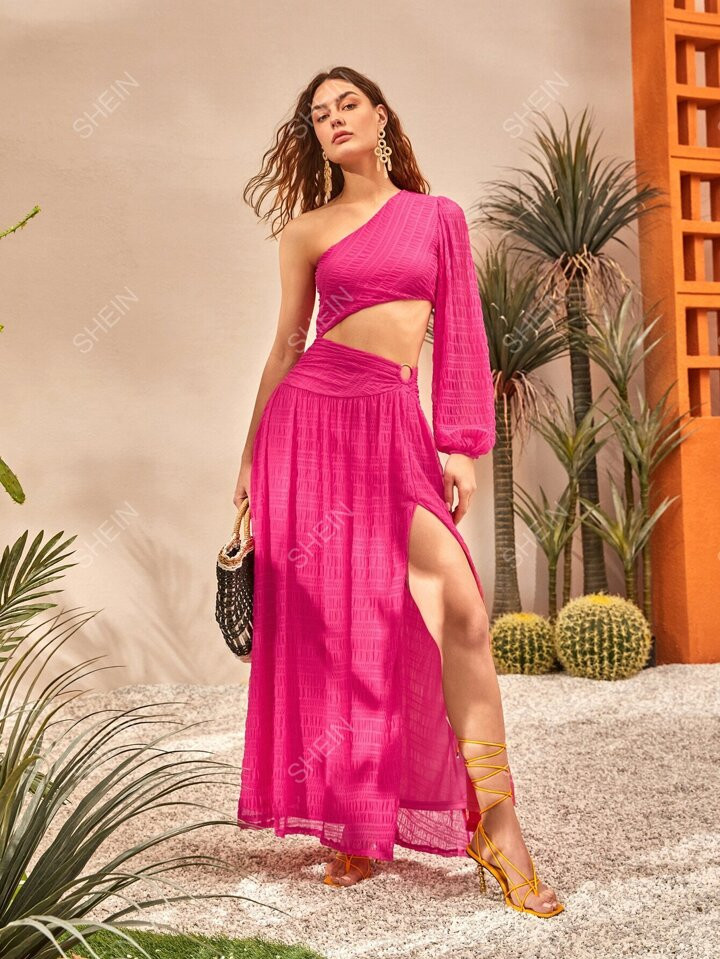 SHEIN VCAY O-ring One Shoulder Lantern Sleeve Cut Out Split Thigh Dress | SHEIN