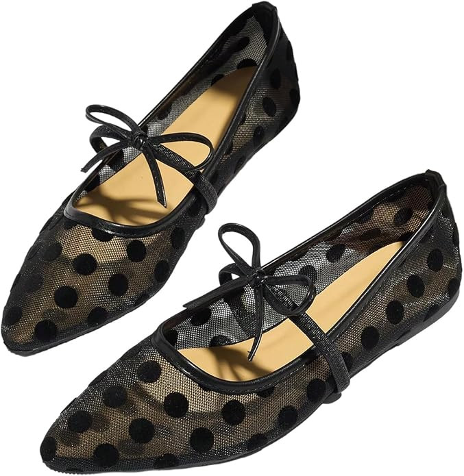 BEAUDRM Women's Polka Dots Mesh Ballet Flats Cute Lace Ballerina Flats | Closed Toe, Square Maryj... | Amazon (US)