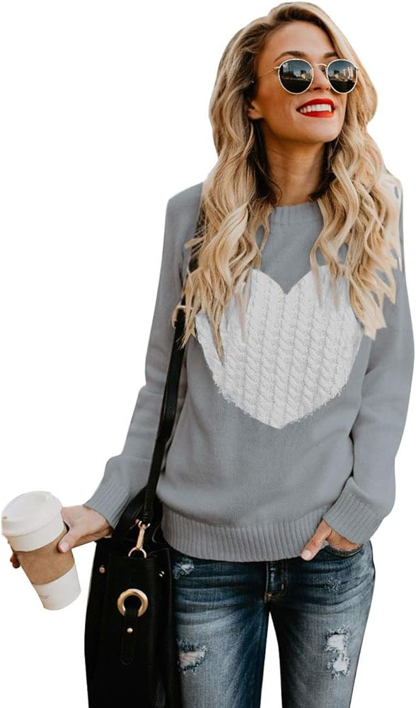shermie Women's Pullover Sweaters Long Sleeve Crewneck Cute Heart Knitted Sweaters | Amazon (US)