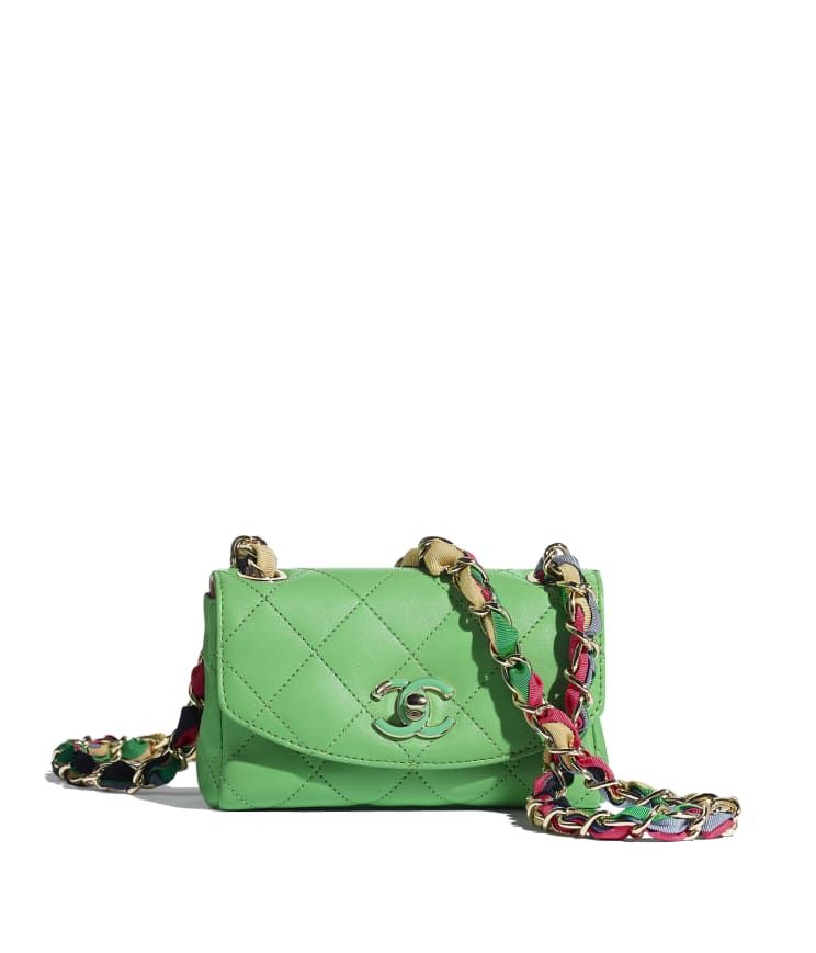 Lambskin, Mixed Fibers & Gold-Tone Metal Green Small Flap Bag | CHANEL | Chanel, Inc. (US)