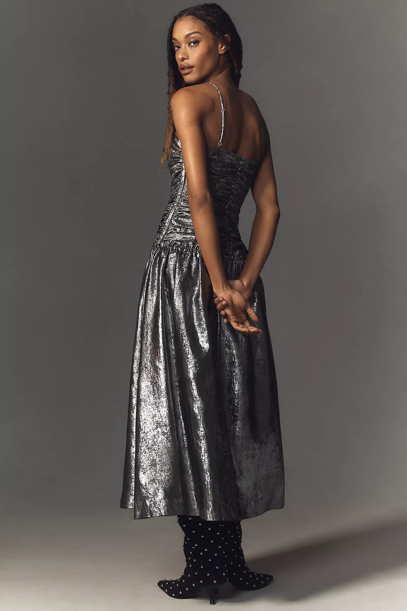 La Maise Studio Ruched Drop-Waist Foil Midi Dress | Anthropologie (US)