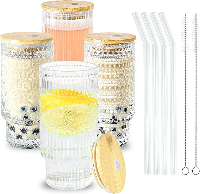 16oz Drinking Glasses Cups Set of 4 with Bamboo Lids Straws Brush Vintage Glassware Set for Mojit... | Amazon (US)