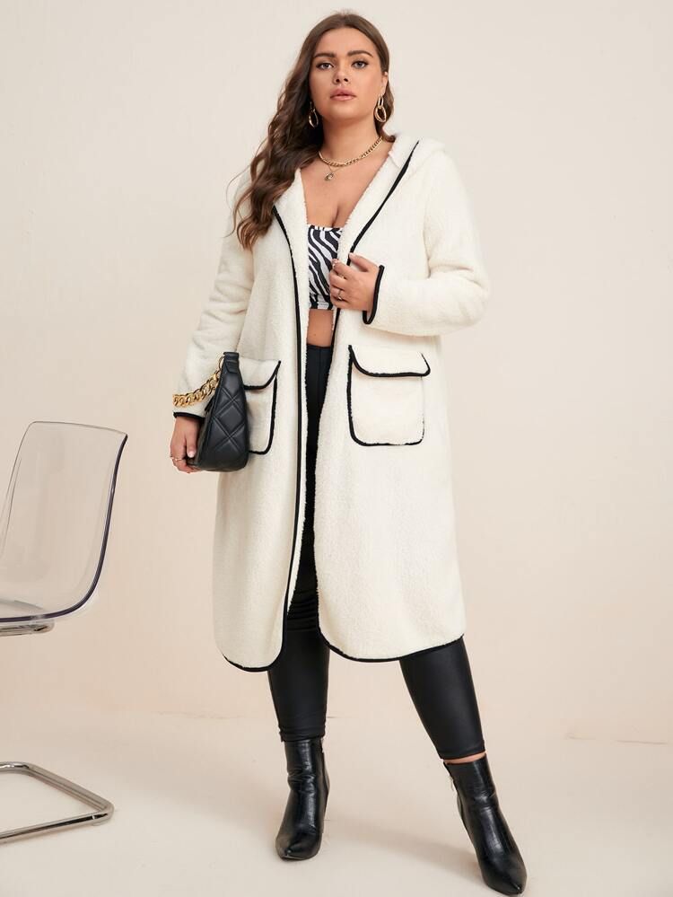 SHEIN Plus Flap Pocket Contrast Binding Hooded Fleece Coat | SHEIN