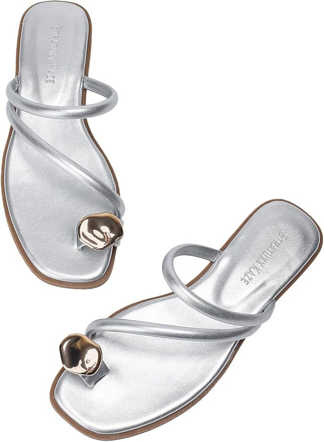 Women's Toe Ring Thong Sandals Open Toe Slide Flat Sandals Casual Summer Flip Flop Flat Sandals | Amazon (US)