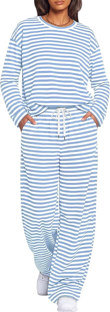 Huukeay Women's Striped Lounge Sets 2 Piece Outfits Long Sleeve Crewneck Shirts Wide Leg Pants Ma... | Amazon (US)