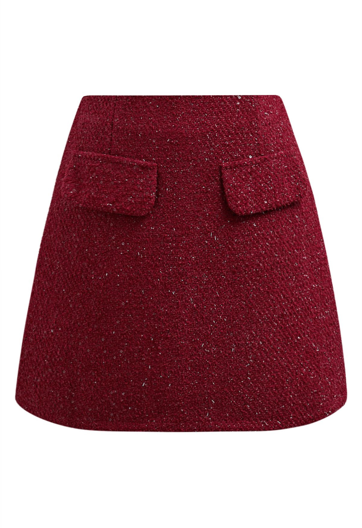 Sequin Fringe Decor Tweed Mini Bud Skirt in Red | Chicwish