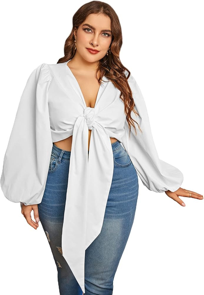 MakeMeChic Women's Plus Size Lantern Sleeve Deep V Neck Tie Front Blouse Crop Top | Amazon (US)