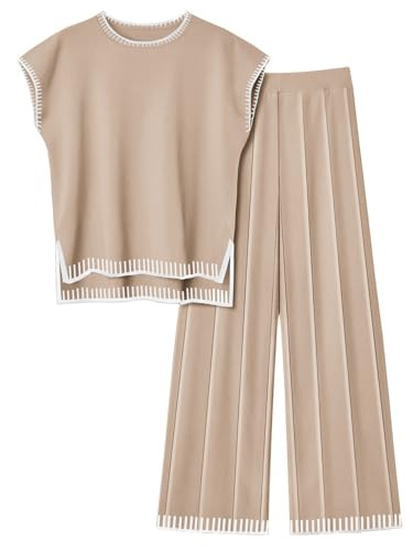 Ekouaer Womens Matching Sets Knit Sweater Sets 2 Pieces Outfits Pullover Tops Wide Legs Pants Lounge Set Khaki | Amazon (US)