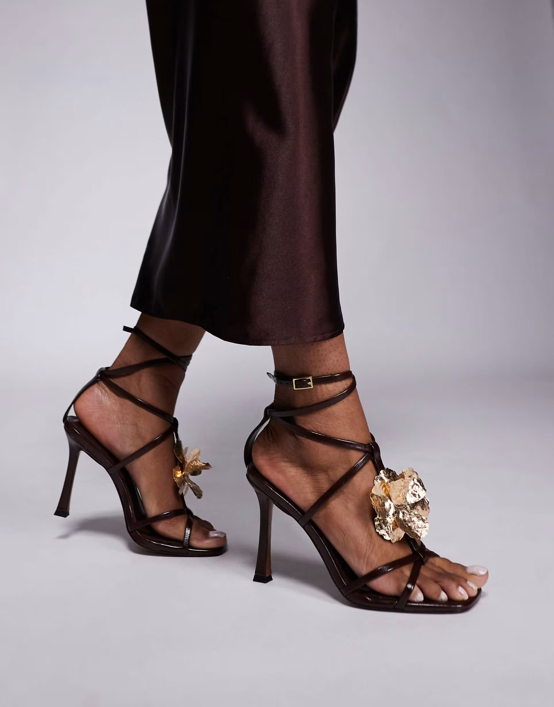 ASOS DESIGN Nobel flower detail caged high heeled sandals in brown | ASOS | ASOS (Global)