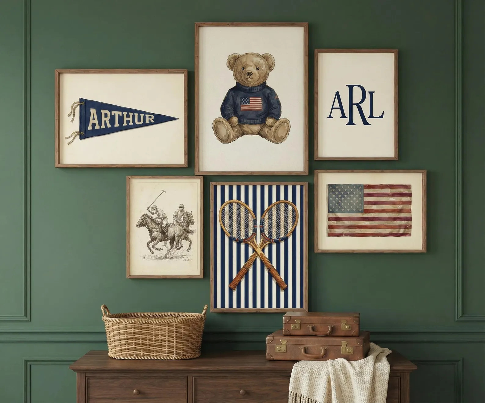 Personalized Preppy Nursery Wall Art Set 6 Prints, Ralph Teddy Bear Boy Room Decor, Custom Name M... | Etsy (US)