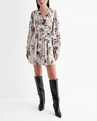 Floral Surplice Long Sleeve Tie Waist Mini Dress | Express