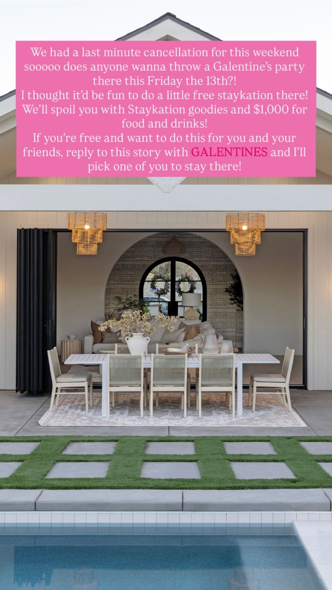 We had a last minute cancellation for this weekend sooooo does anyone wanna throw a Galentine’s party there this Friday the 13th?! 
I thought it’d be fun to do a little free staykation there! 
We’ll spoil you with Staykation goodies and $1,000 for food and drinks! 
If you’re free and want to do this for you and your friends, reply to this story with GALENTINES and I’ll pick one of you to stay there!
