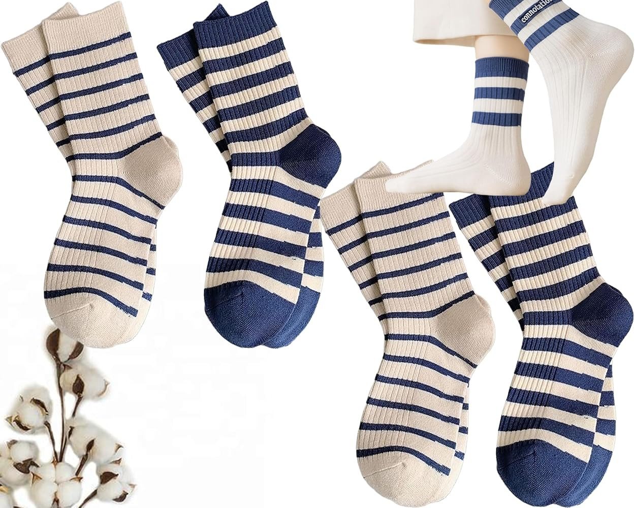 CHUNFO Womens Striped Ankle Socks Cute Letter Embroidered Athlete Navy White Crew Cotton Casual S... | Amazon (US)