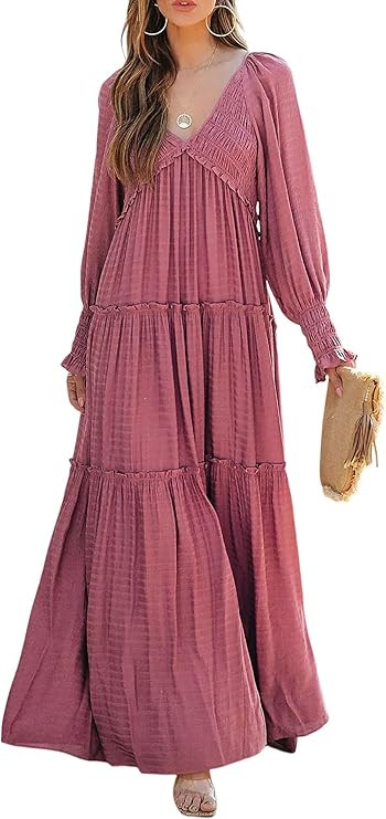 R.Vivimos Maxi Dress for Women Long Sleeve V Neck Empire Waist Layered Ruffle Boho Casual Flowy L... | Amazon (US)