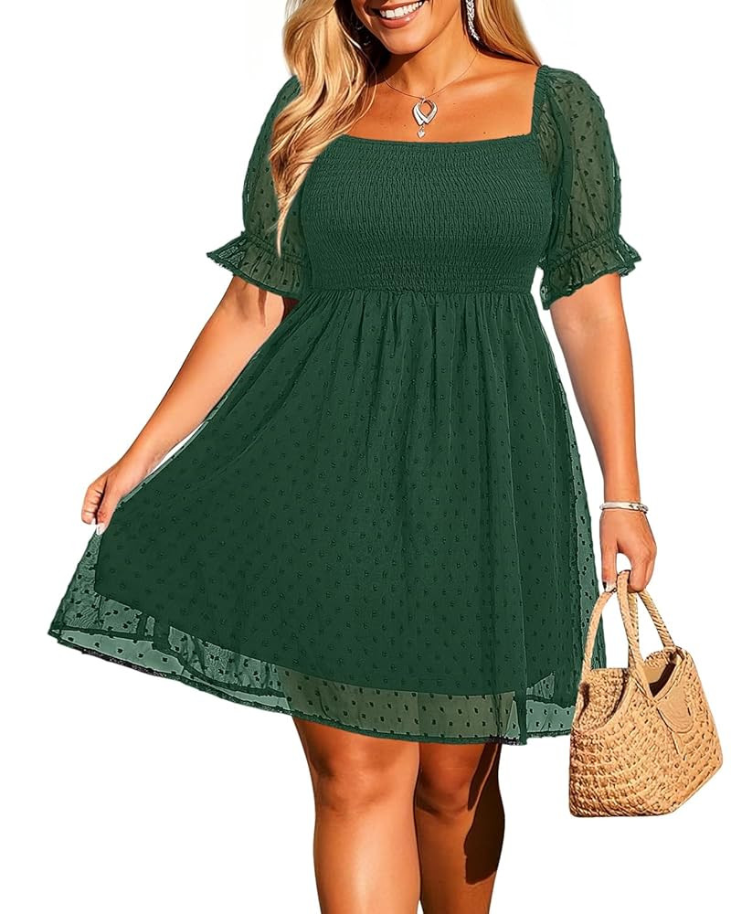 Women's Puff Sleeve Square Neck Mini Summer Sundress Chiffon Swiss Dot Flowy Smocked Dress | Amazon (US)