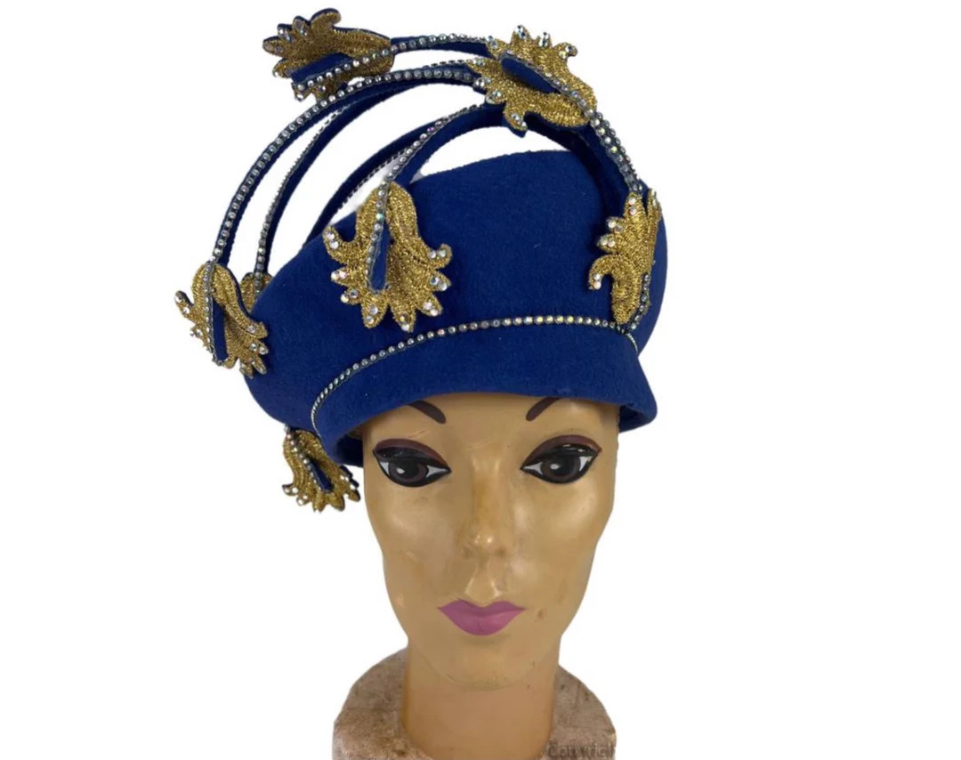 Vintage Jack Mcconnell Blue Wool Felt Hat: Gold Lurex & Rhinestone Appliqué - Etsy | Etsy (US)