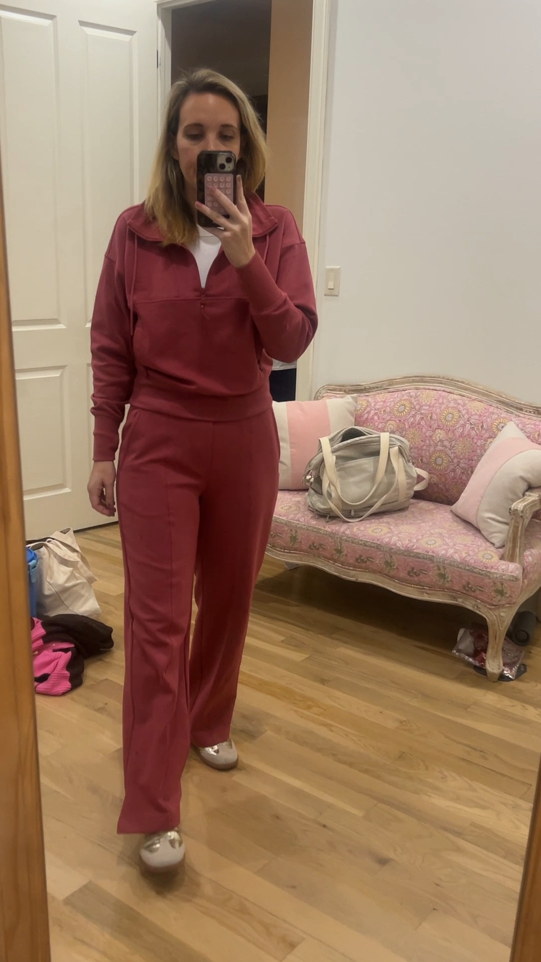 Love this matching set for a busy mom on the go! Also great for working from home. The pants have an elastic waistband and pockets and they look like trousers. Very similar to a spanx air essentials feel. Comes in a few colors! 

#LTKFindsUnder50 #LTKActive #LTKMidsize