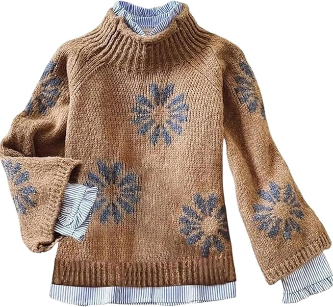 Women's Retro Brown Mock Neck Sweaters Chunky Long Sleeve Knit Pullover Tops 2025 Fall Floral Pri... | Amazon (US)
