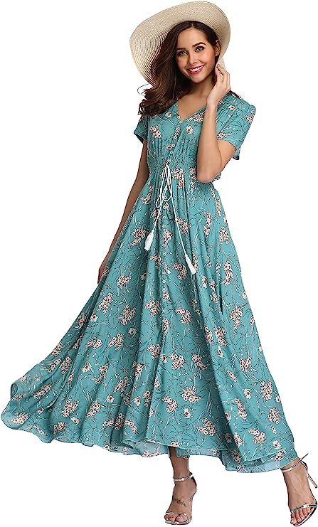 VintageClothing Women's Floral Maxi Dresses Boho Button Up Split Beach Party Dress | Amazon (US)