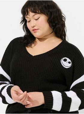 Disney Nightmare Before Christmas Jack Drop Shoulder V-Neck Pullover Sweater | Torrid (US & Canada)