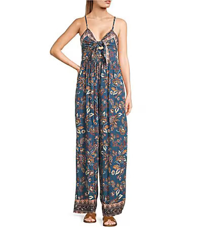 Angie Sleeveless Border Print Keyhole Knot Front Wide Leg Jumpsuit - M | Dillard's