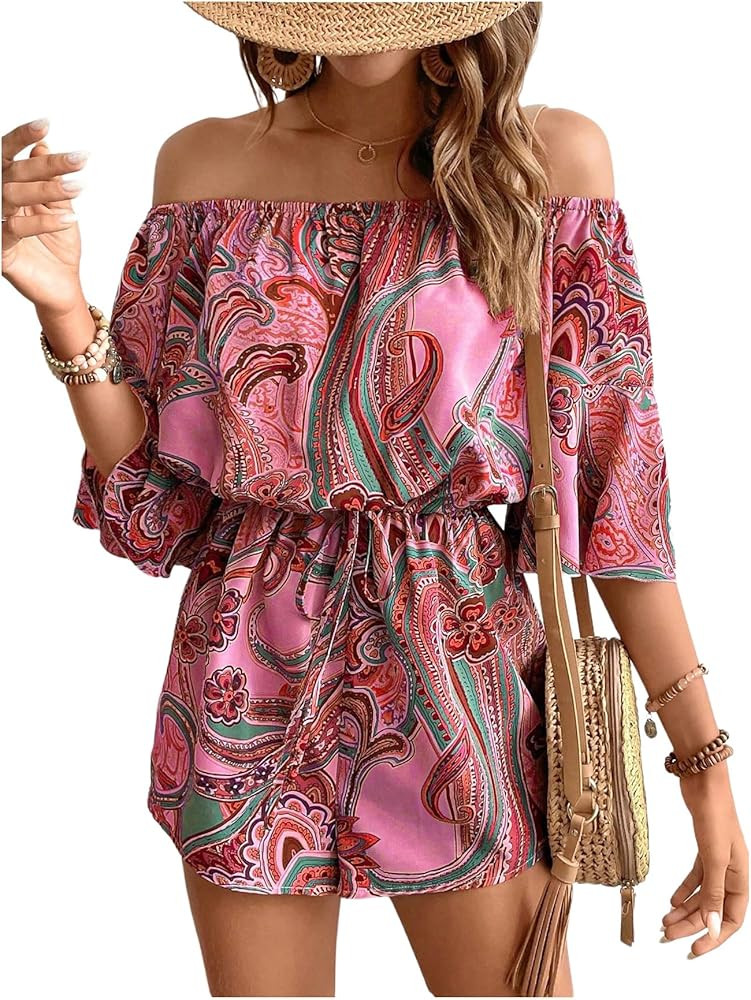 Milumia Women's Off The Shoulder Romper Boho Elastic Waist Shorts Jumpsuit Dressy Casual Vacation... | Amazon (US)