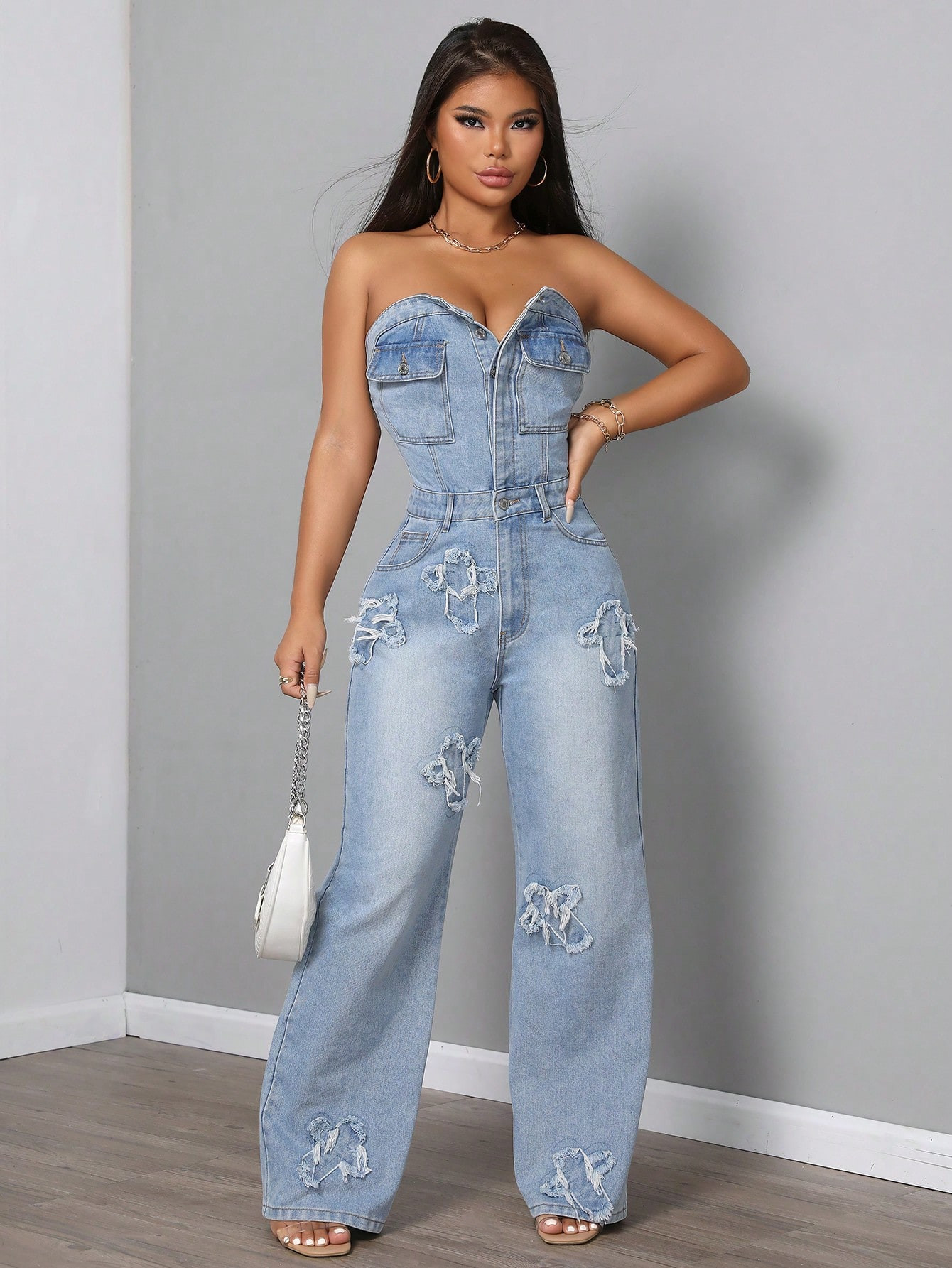 SHEIN SXY Women Casual Washed Denim Jumpsuit With Frayed Hem | SHEIN