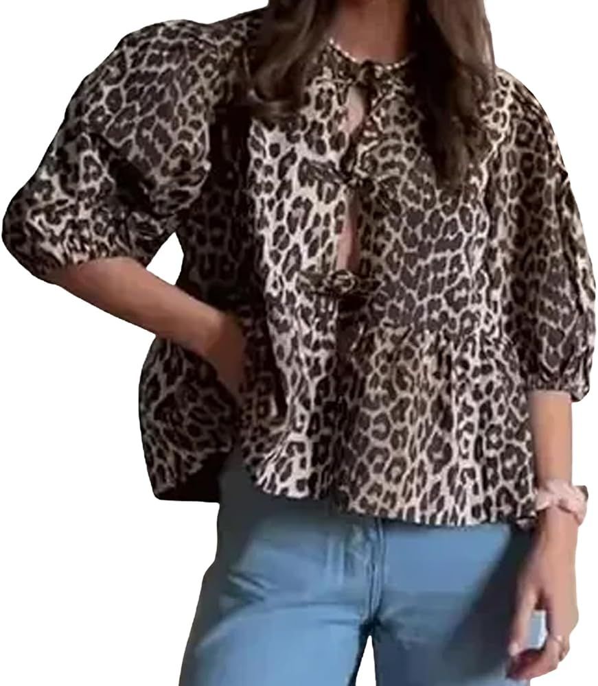 Tie Front Tops Women Y2k Leopard Print Peplum Babydoll Top 3/4 Length Puff Sleeve Coquette Tops C... | Amazon (US)