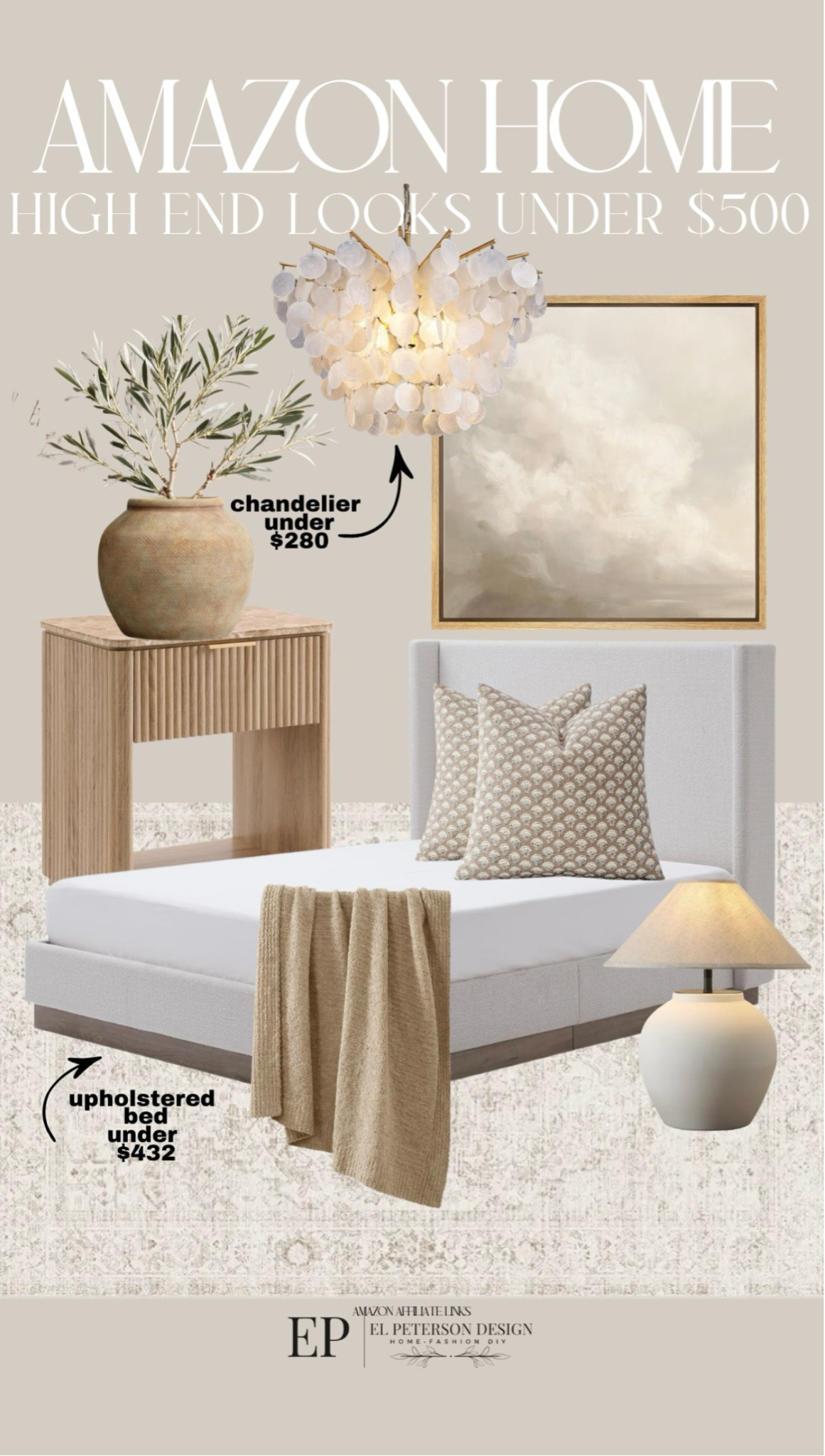 Amazon Home
Upholstered bed
Nighstand
Rug
Pillow
Tanks lamp
Vase
Artwork
Chandelier
Blanket


#LTKHome