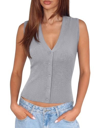 SUUKSESS Women Sleeveless Sweater Tops Summer V Neck Button Down Vest Tops Business Casual Work Shirts (Grey, M) | Amazon (US)