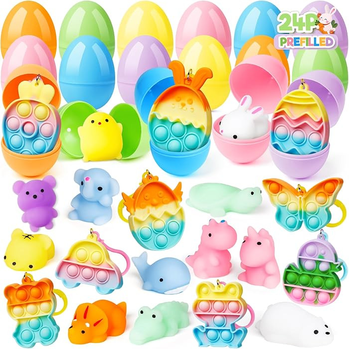 24 Pack Prefilled Easter Eggs with Toys Inside, Filled with Assorted Squishy Toys & Pop Keychains... | Amazon (US)