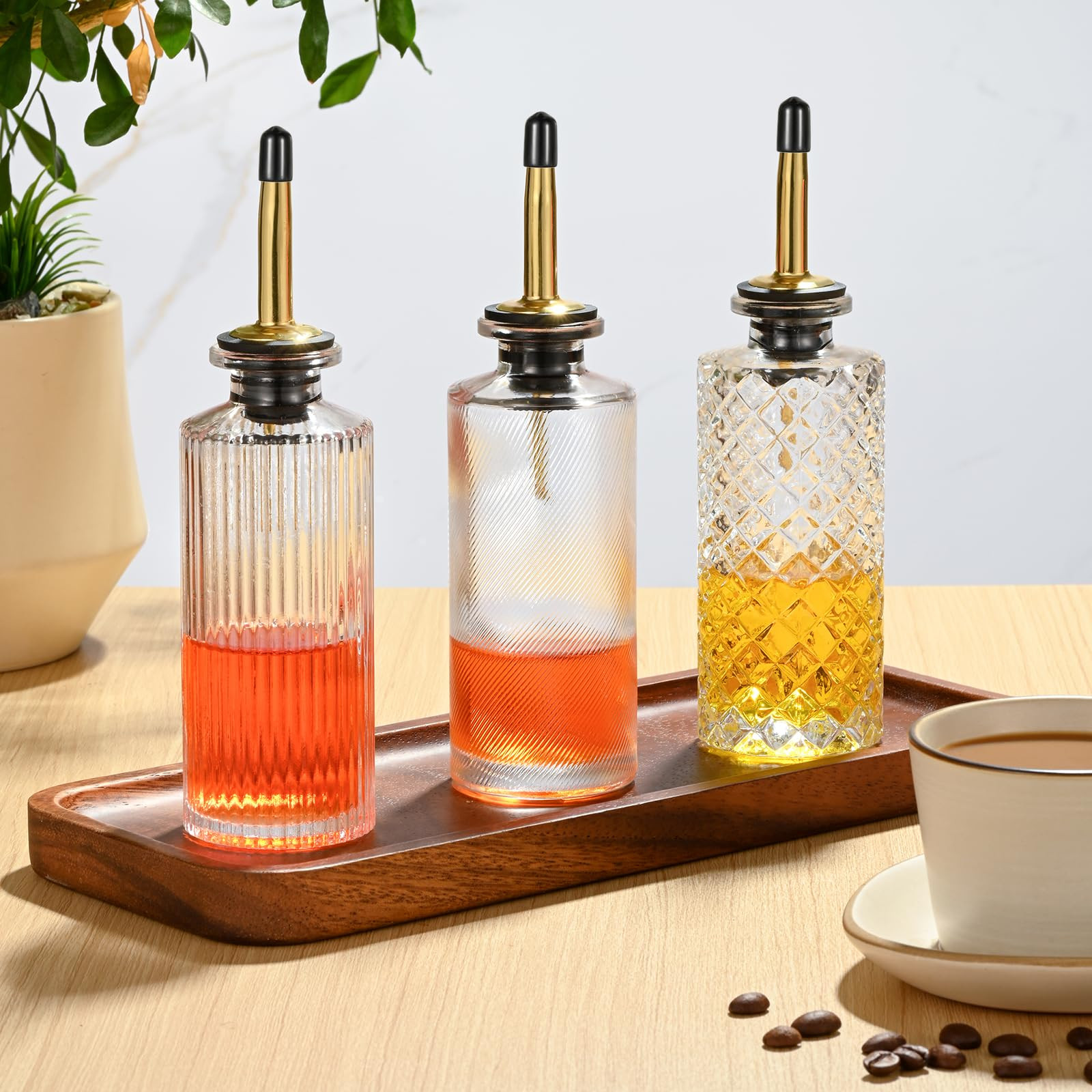 Coffee Syrup Dispenser Set 3 Packs 5 OZ Simple Small Syrup Bottles Glass Set with Dust Lids Pour Spout, Stopper, Cleaning Brush,funnels for Coffee Bar and Kitchen,Vinegars and Oils | Amazon (US)