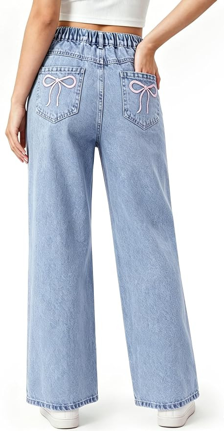 PATPAT Girls Baggy Wide Leg Jeans 5-14 Years, Cute Bow Embroidery Elastic Waist Denim Pants with ... | Amazon (US)