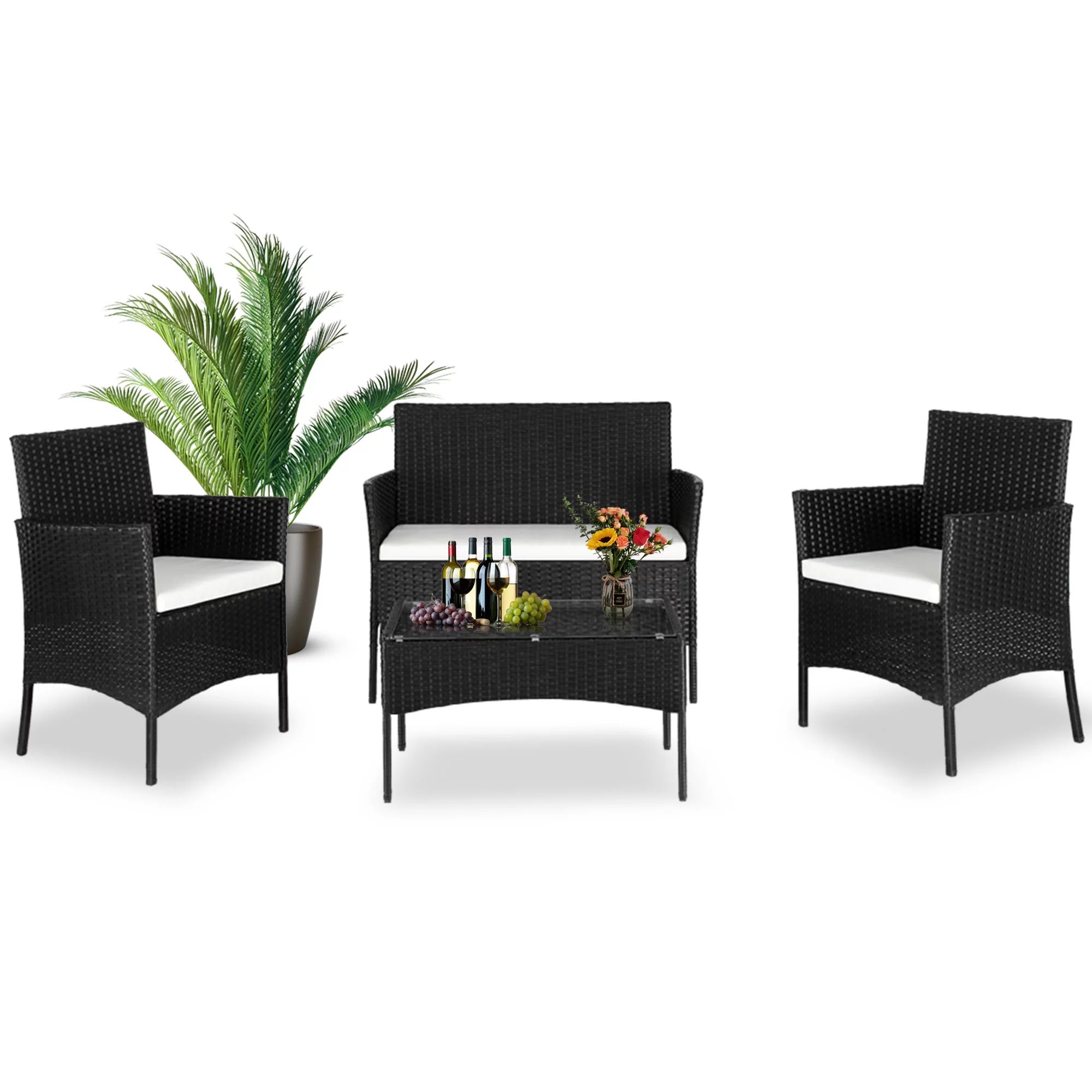 Seizeen Outdoor Furniture Sets, 4 PCS Patio Sofa Set Cushioned, All-weather PE Rattan Conversatio... | Walmart (US)