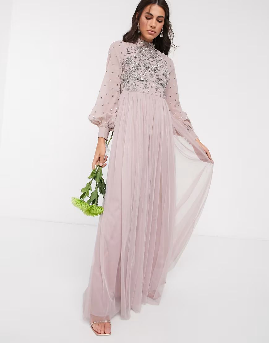 Maya high neck embellished maxi dress with bluson sleeve in pink | ASOS (Global)